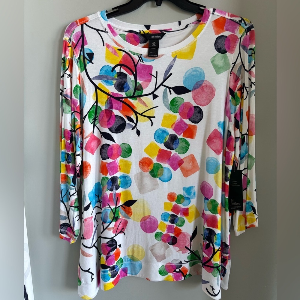 NWT Ali Miles Colorful Abstract Print Tunic Top 3/4 Sleeve